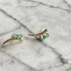 Aretes palo de oro, esmeraldas y diamentes