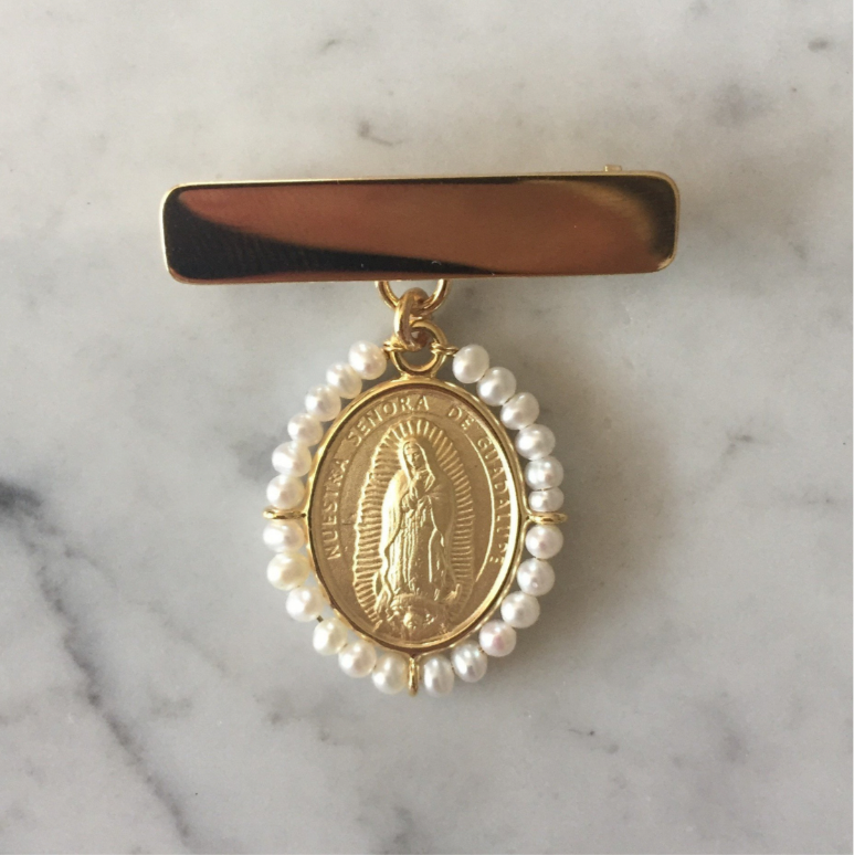 Barra con Virgen de Guadalupe Ovalada - Oro 14k & Perlas