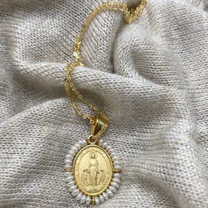 Cadena  con Virgen Milagrosa - Oro 14k & Perlas