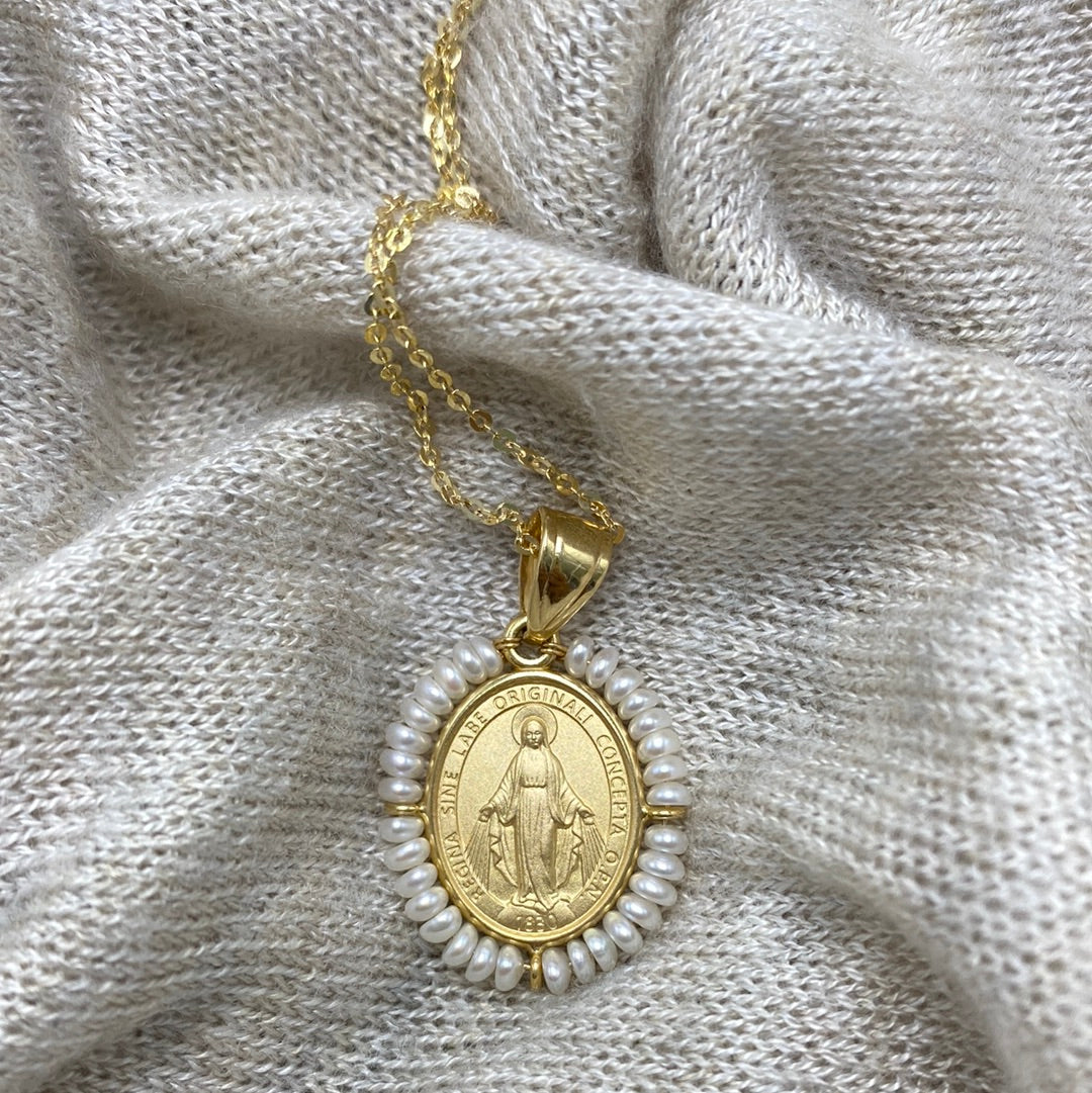 Cadena  con Virgen Milagrosa - Oro 14k & Perlas