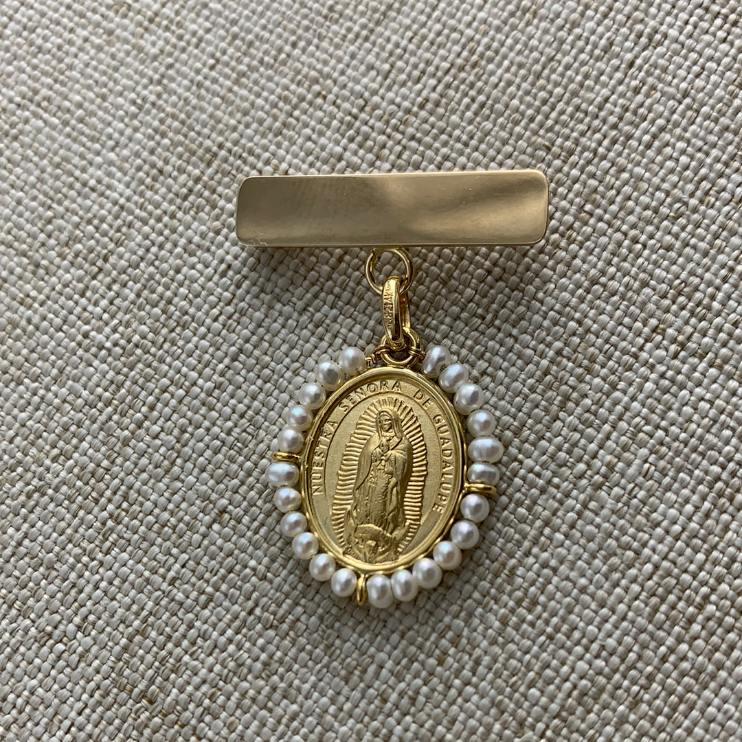 Barra con Virgen de Guadalupe Ovalada - Oro 14k & Perlas